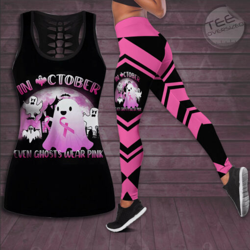 In October Even Ghost Wear Pink Breast Cancer Awareness 3D Hollow Tank Top Leggings