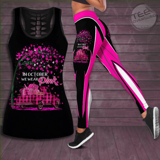 In October We Wear Pink Car Breast Cancer Awareness 3D Hollow Tank Top Leggings