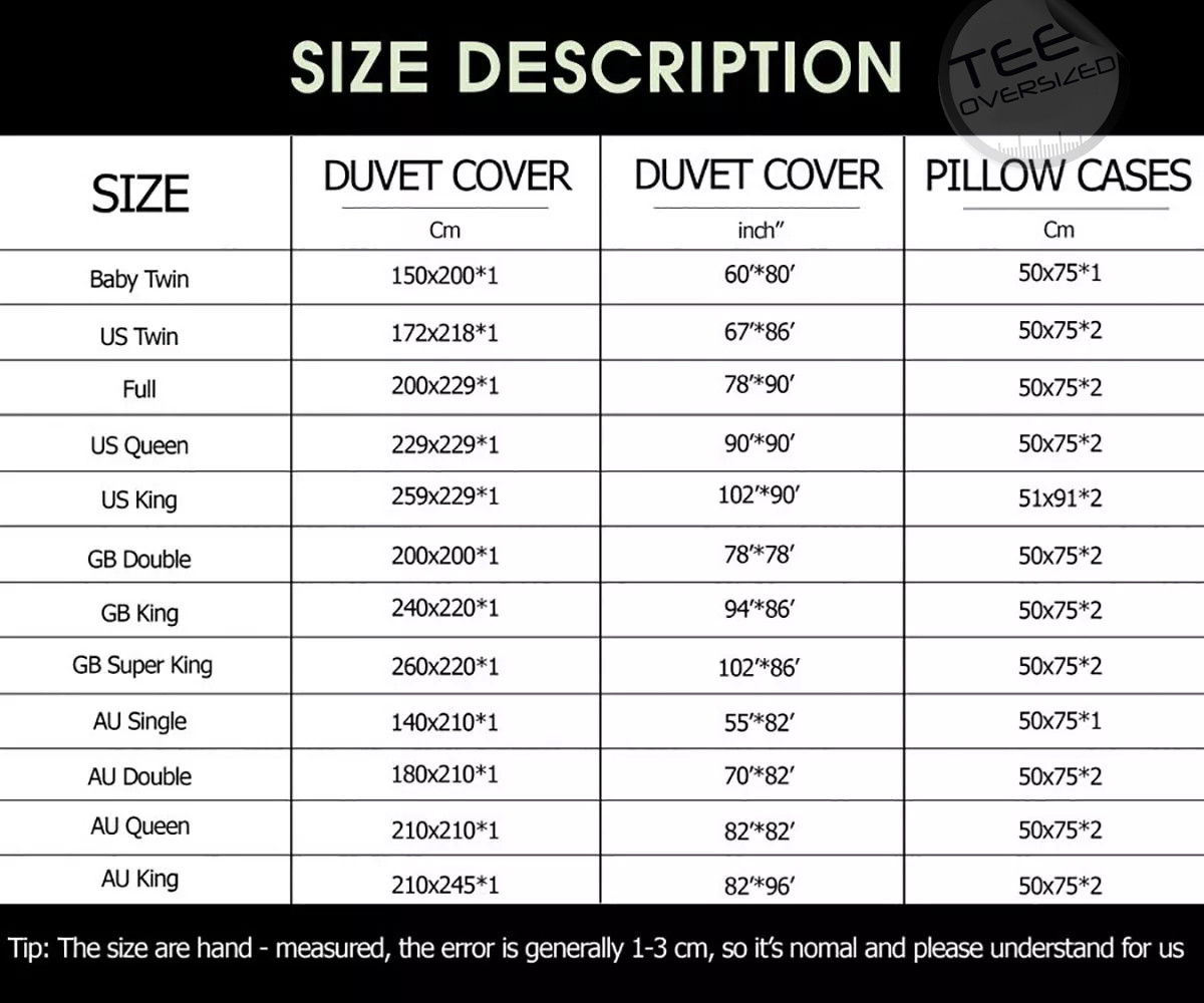 Bedding Set sizechart