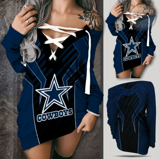 Dallas Cowboys Shoulder Deep V Neck Lace Up Long Sleeve Pullover