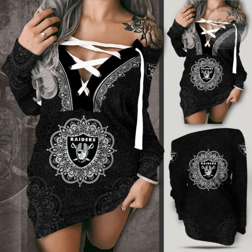 Las Vegas Raiders Shoulder Deep V Neck Lace Up Long Sleeve Pullover