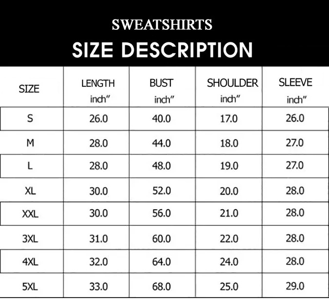 Sweatshirt sizechart 2022
